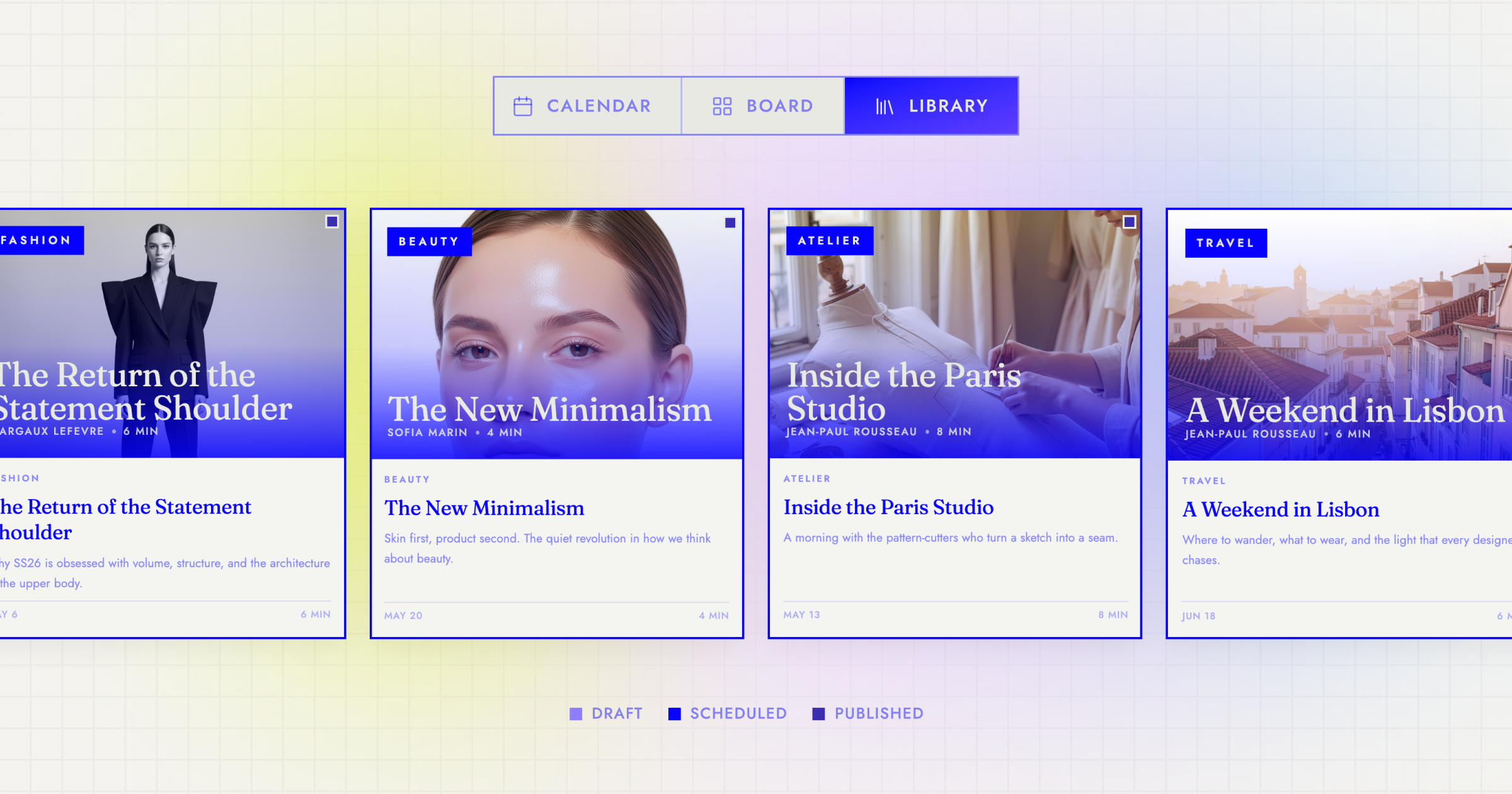 A content hub built with Sticklight, showing draft, scheduled, and published states